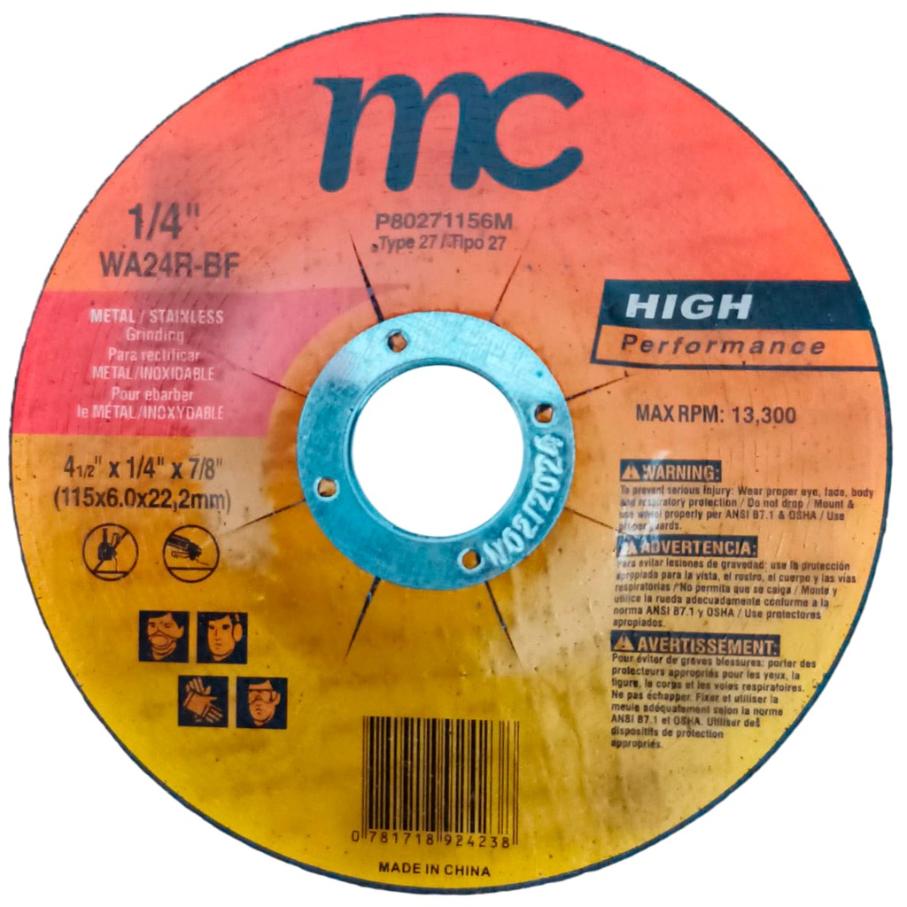 Disco abrasivo 4.1/2'' x 1/4'' x 7/8'' MC (centro deprimido)