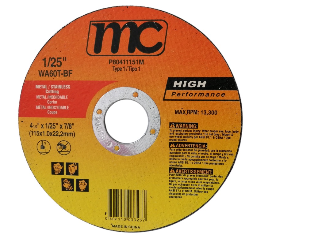 Disco abrasivo 4.1/2'' x 1/25'' x 7/8'' MC (centro plano)