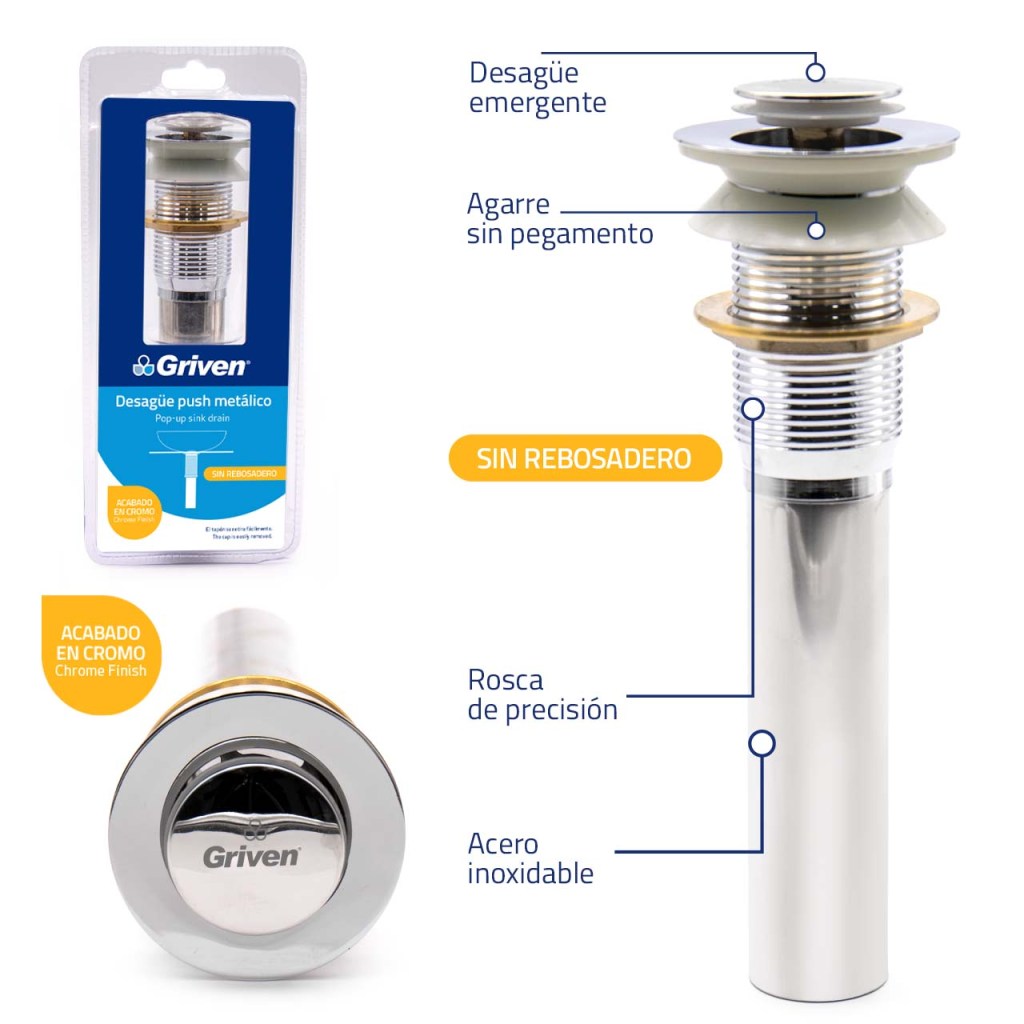 Desague metalico 1.1/4'' sin rebosadero tipo push GRIVEN (cromado)