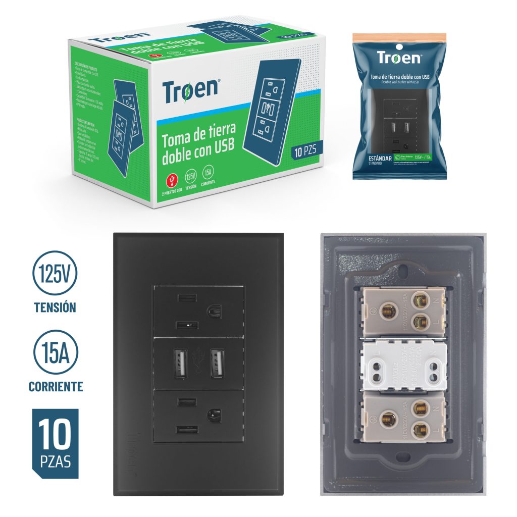 Tomacorriente doble 2p + t  + 2 x usb TROEN (negro)