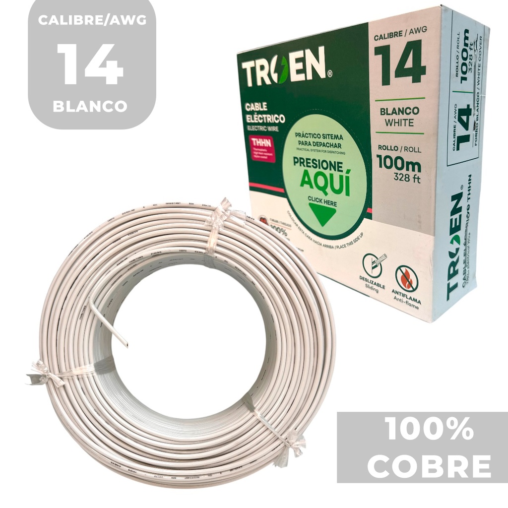 Cable thhn 14 blanco TROEN (rollo 100 metros)