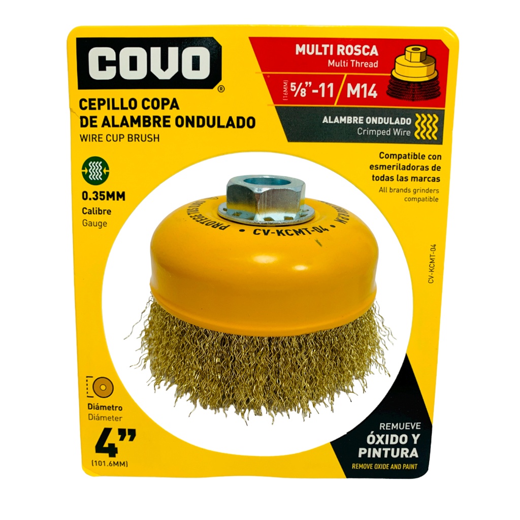 Cepillo de copa alambre trensado 4'' COVO (multirosca 5/8''-14mm)