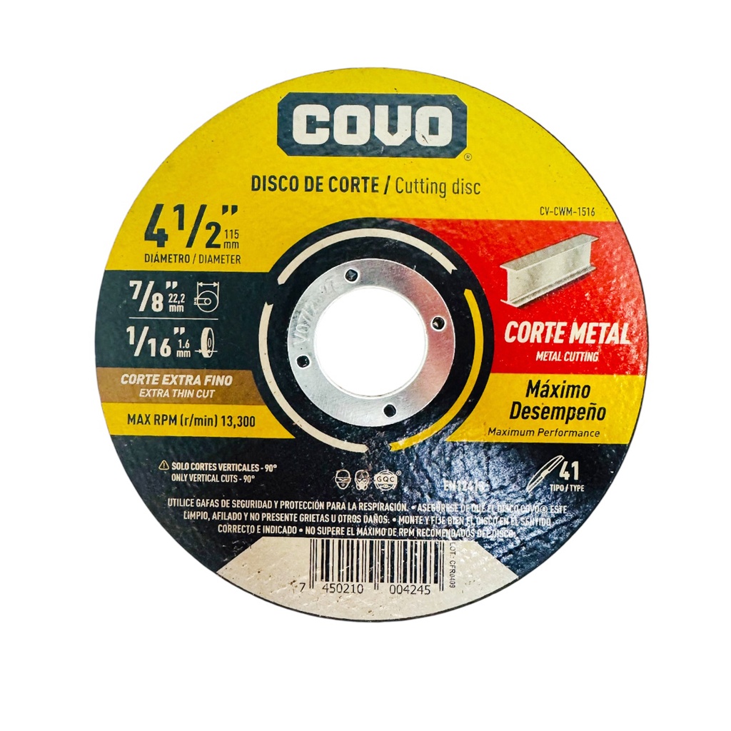 Disco abrasivo 4.1/2'' x 1/16'' x 7/8'' COVO (centro plano)