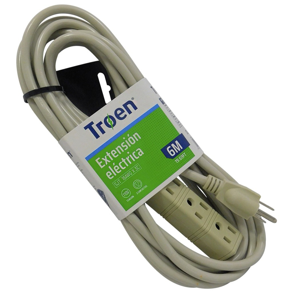 Extensión eléctrica con regleta 3 tomas 6mts 16awg TROEN