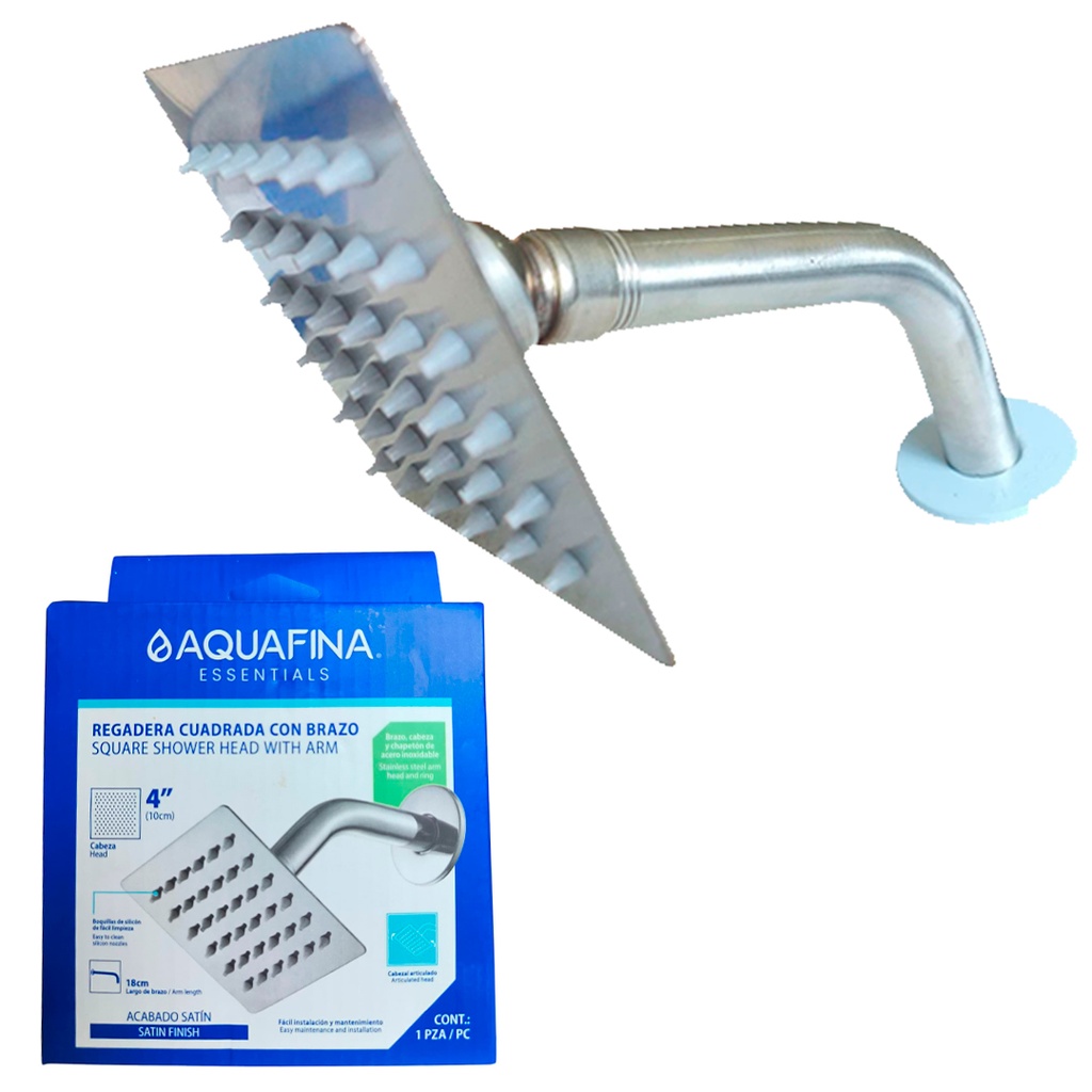 Regadera cuadrada 4" con brazo y roseta AQUAFINA (cromada)