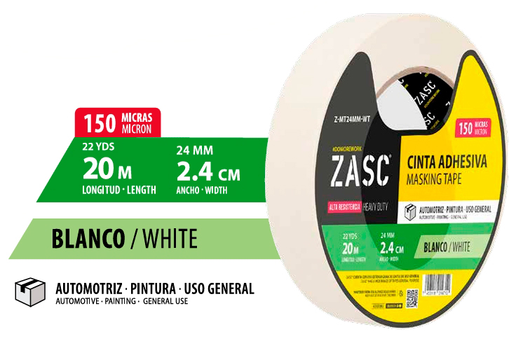 Tirro de papel blanco para enmascarar 1'' x 20metros ZASC