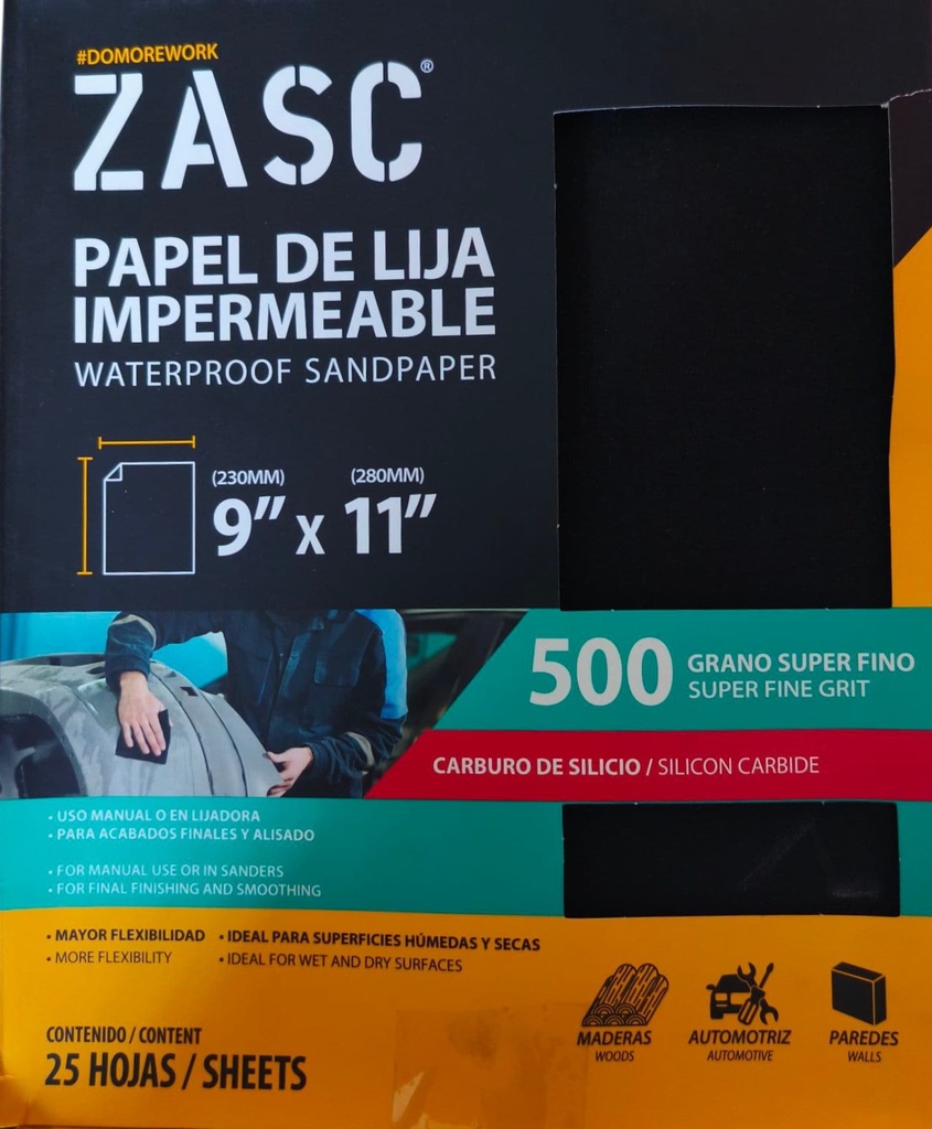 Lija abrasiva impermeable 9" x 11'' grano 500 ZASC (set 25 hojas)