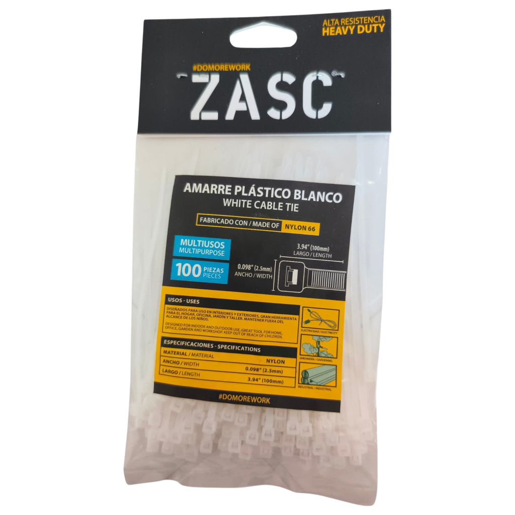 Tie wrap nylon 66 2,5 x 100mm blanco ZASC (Set 100pz)