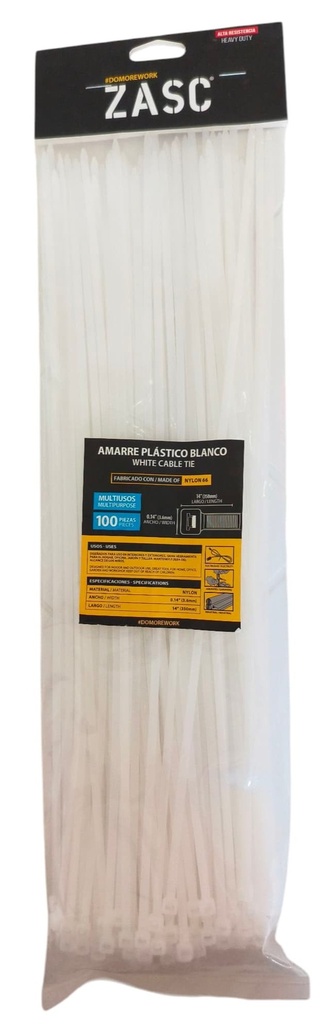 Tie wrap nylon 66 3,6 x 350mm blanco ZASC (Set 100pz)
