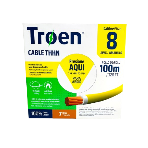 Cable #08 THHN Amarillo (Rollo 100mts) TROEN