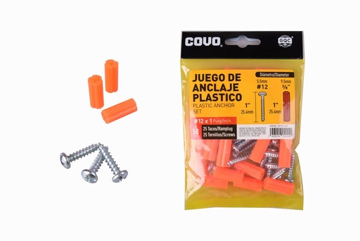 [CV-PPS-12X1] Tornillos #12 x 1'' con ramplug 3/8'' x 1'' COVO (set 50pz)