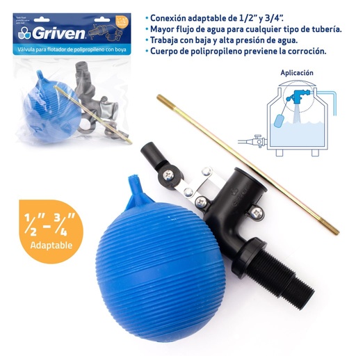 [GV-TV-11S] Flotador con boya y válvula adaptable 1/2 a 3/4 GRIVEN