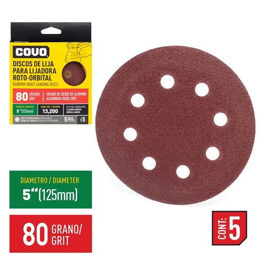 [CV-FSP-1580] Disco abrasivo de lijadora roto-orbital 4.1/2" grano 80 COVO (set 5pz)
