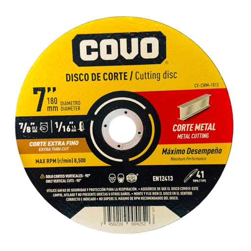 [CV-CWM-1815] Disco abrasivo 7'' x 1/16'' x 7/8'' COVO (centro plano)