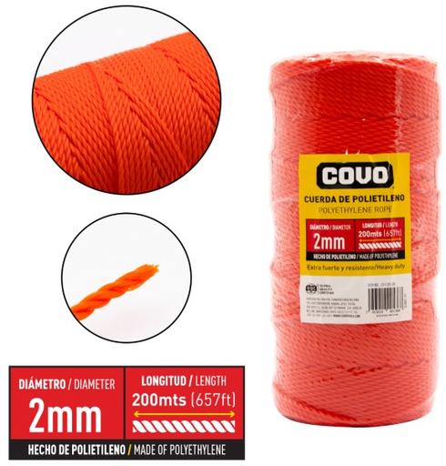 [CV-F200-OR] Cordel pp30 polietileno 2mm x 200mts naranja COVO