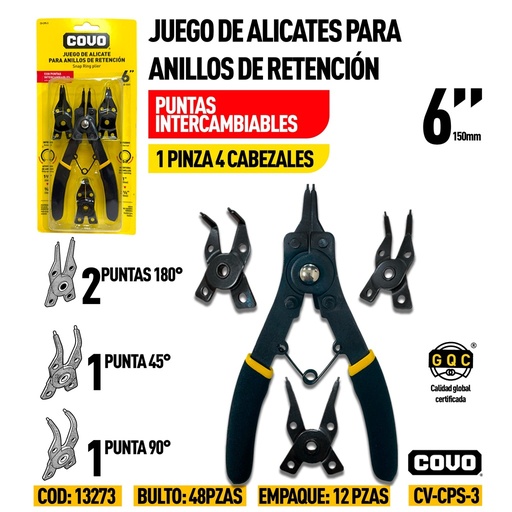 [CV-CPS-3] Alicate para anillos de retención 6" COVO (set 4pz)