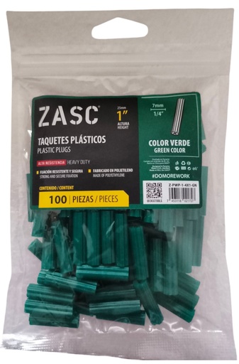 [Z-PWP-1-4X1-GN] Ramplug plástico verde 1/4'' x 1'' ZASC (set 100pz)