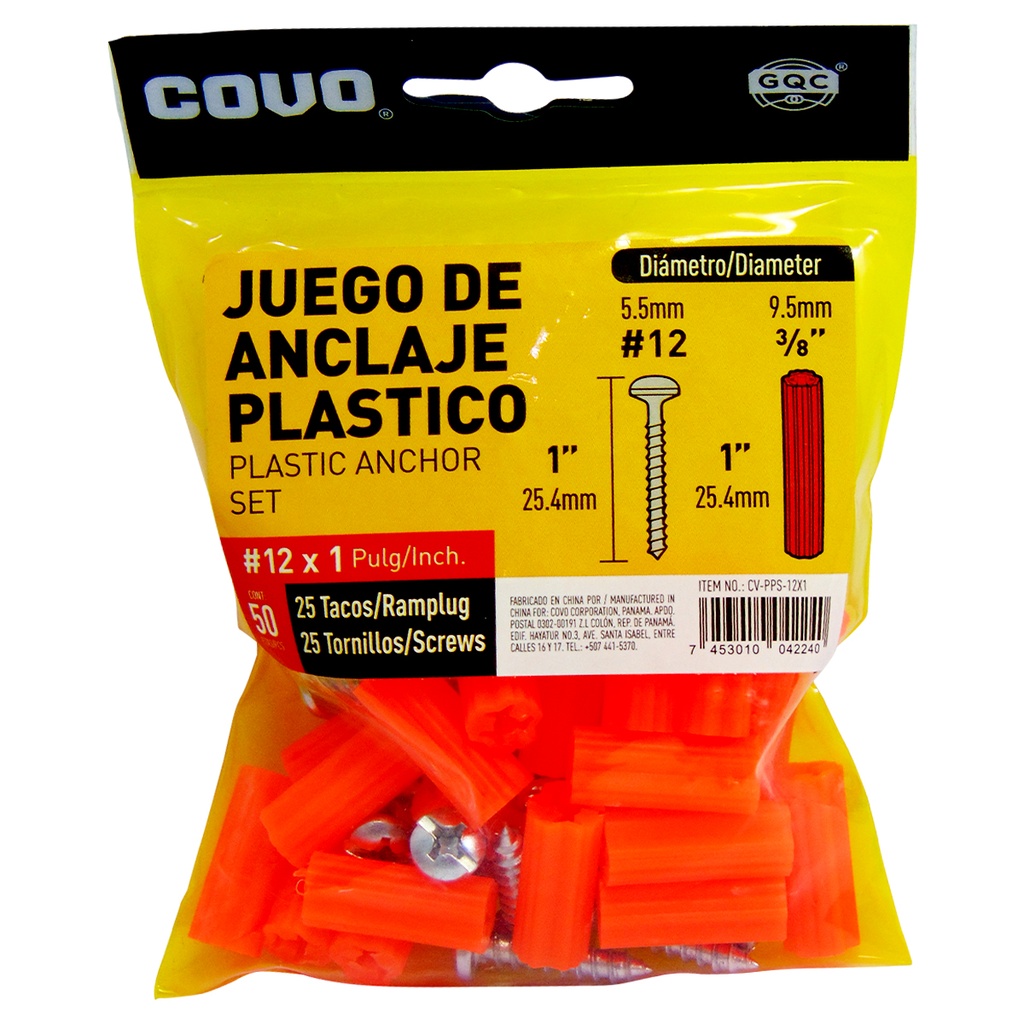 Set tornillos #12 X 1'' con ramplug 3/8'' COVO (50 set)