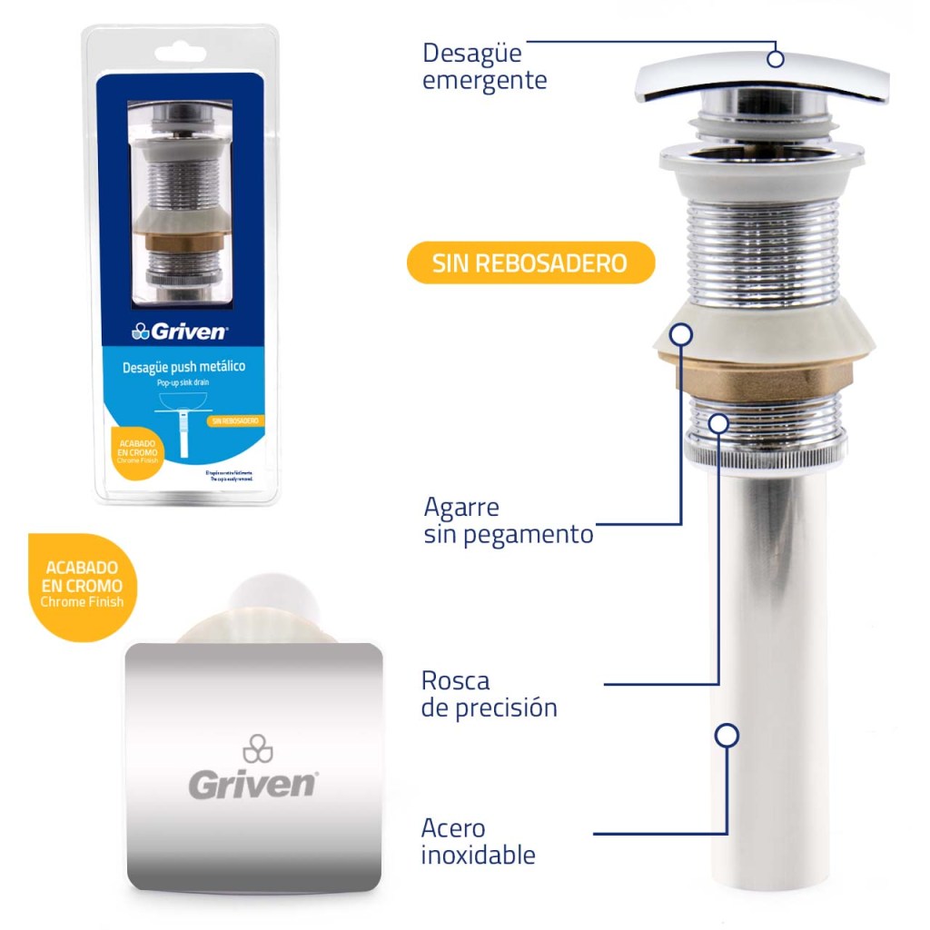 Desague metalico push 1.1/4'' sin rebosadero GRIVEN (cromado)
