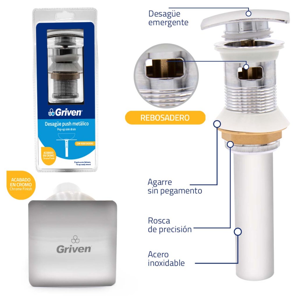 Desague metalico push 1.1/4'' con rebosadero GRIVEN (cromado)