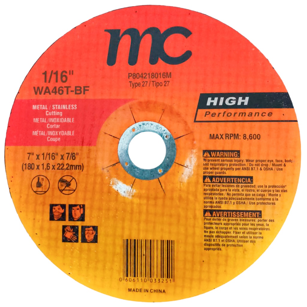 Disco abrasivo 7'' x 1/16'' x 7/8'' MC (centro deprimido)