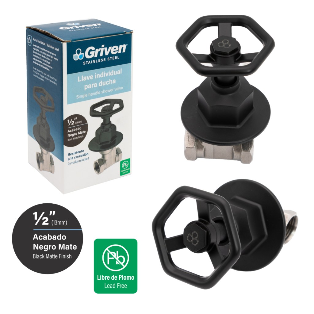 Llave de ducha individual hr1/2'' x hr1/2'' GRIVEN (negro mate)