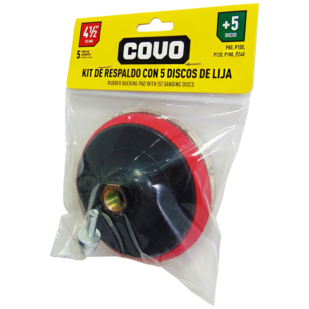 Respaldo de lija orbital 4.1/2'' x 5/8'' + 5 discos abrasivos COVO