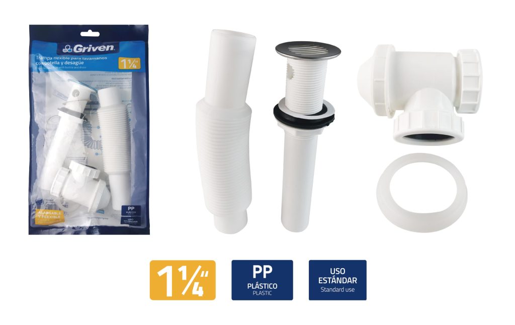 Sifon flexible 1.1/4'' con desague GRIVEN