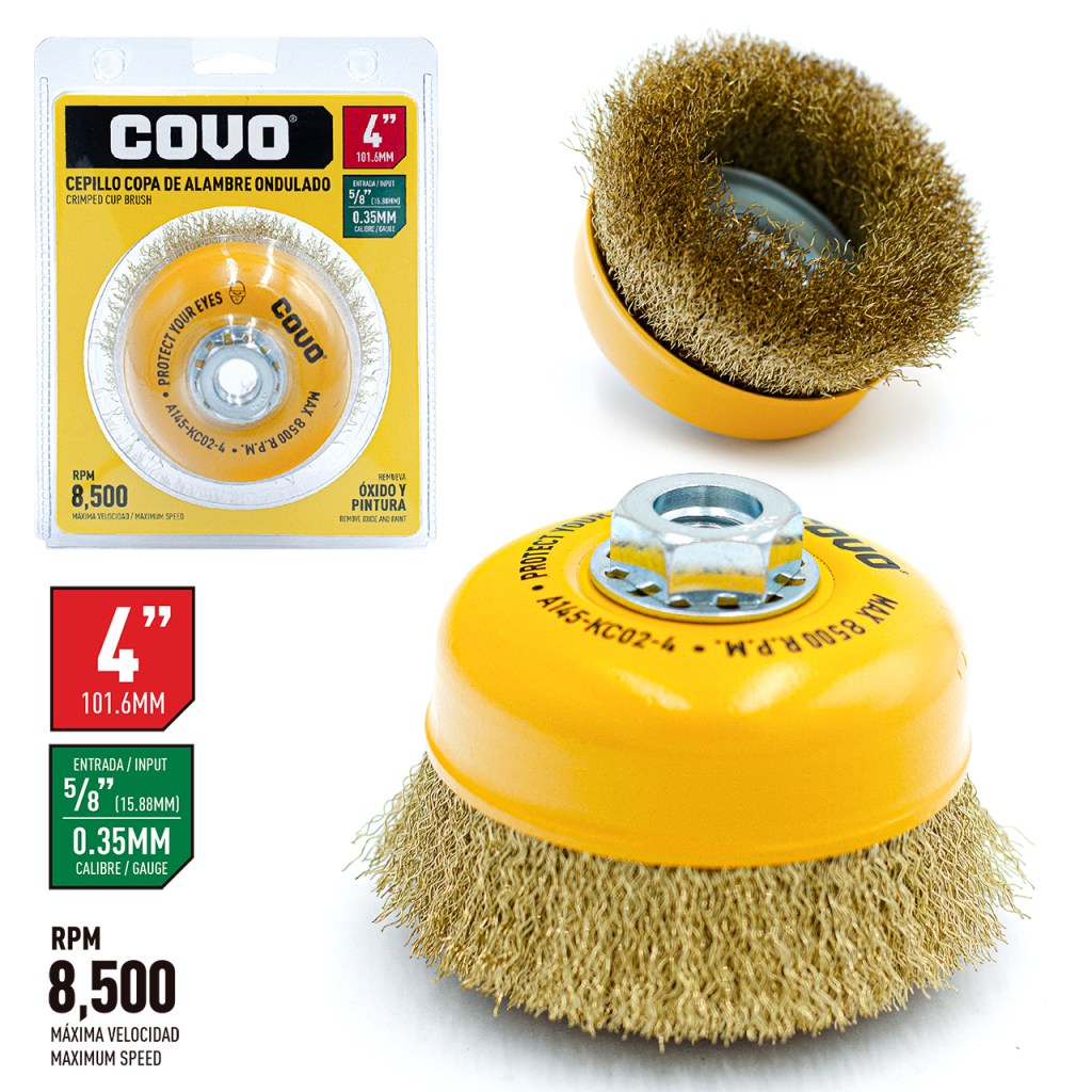 Cepillo tipo copa de alambre 4″ x 5/8″ COVO