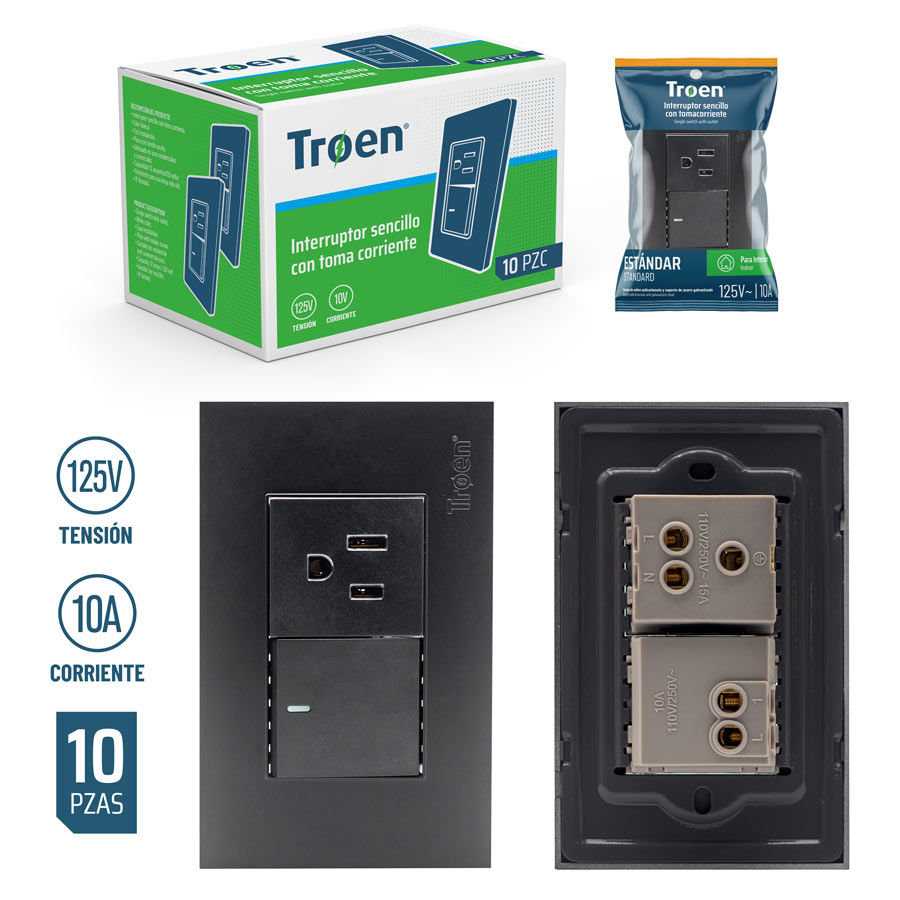 Interruptor + toma corriente 2p +t TROEN (negro)