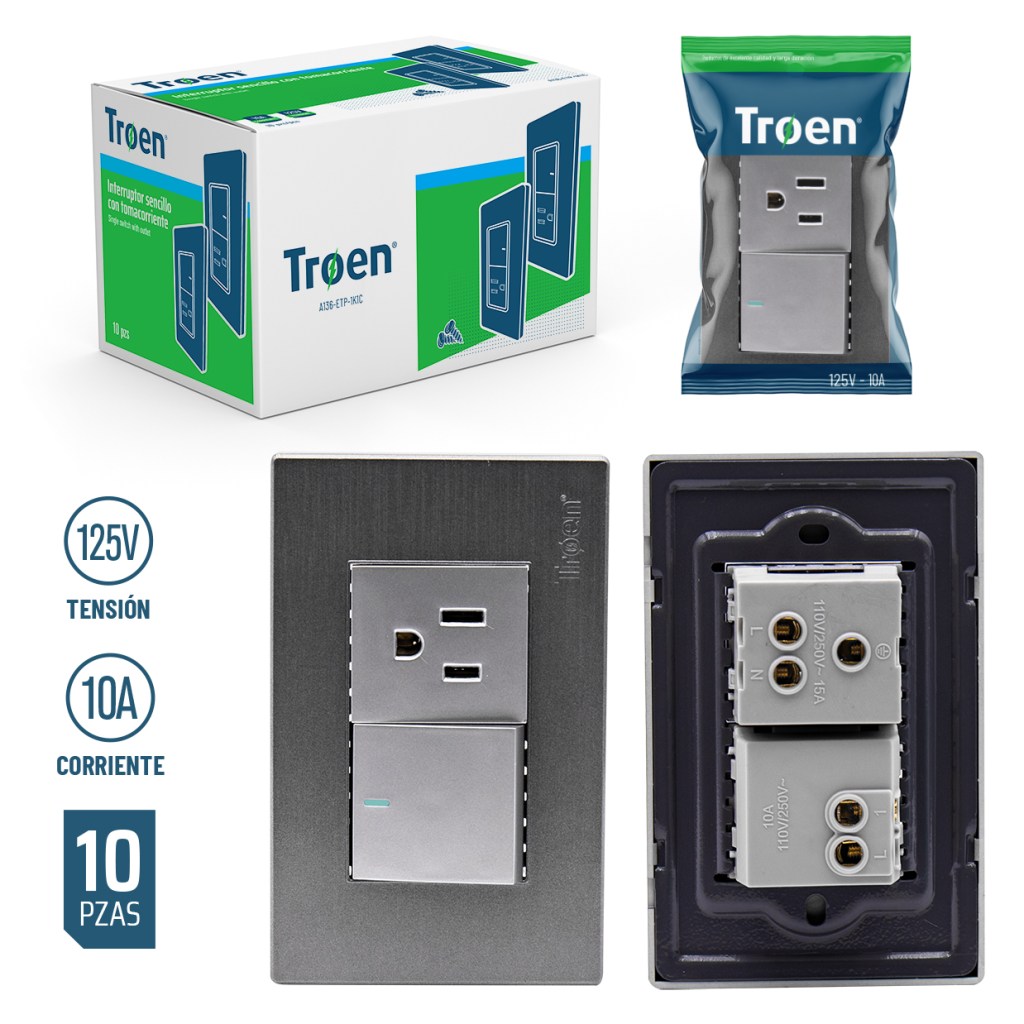 Interruptor + tomacorriente 2p + t TROEN (plateado)