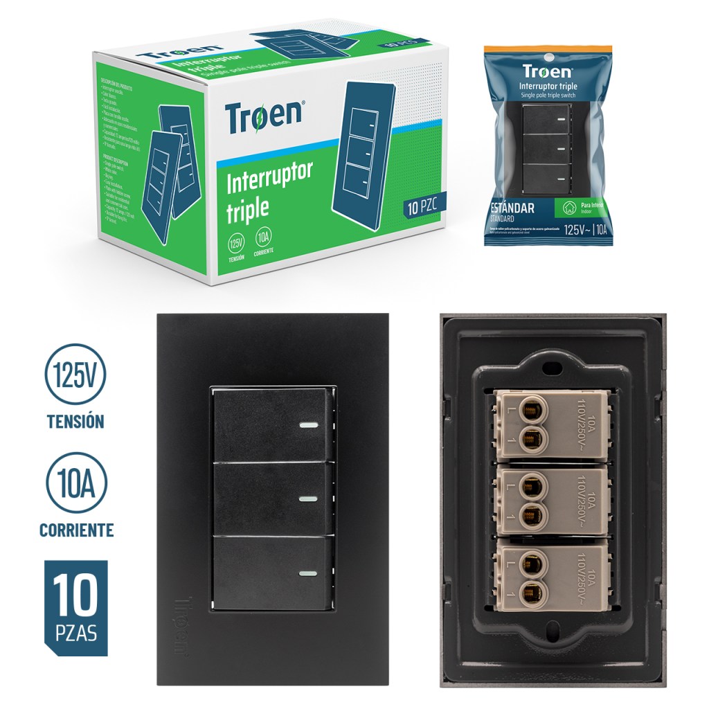 Interruptor triple negro TROEN