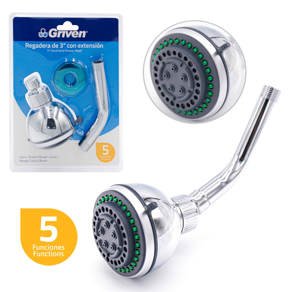 REGADERA PARA BANO 3″ CON EXTENSION GRIVEN