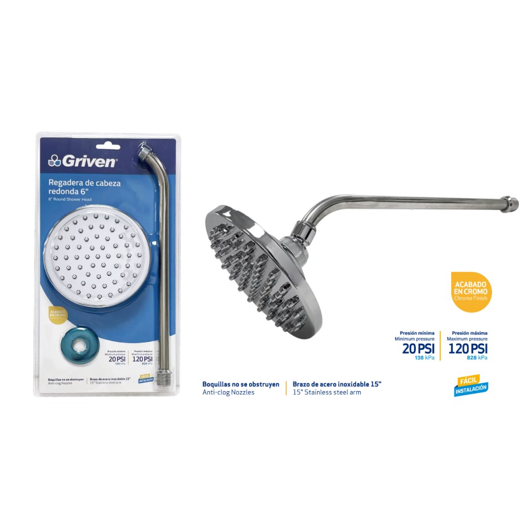 Regadera redonda 6″ con extension GRIVEN (cromada)