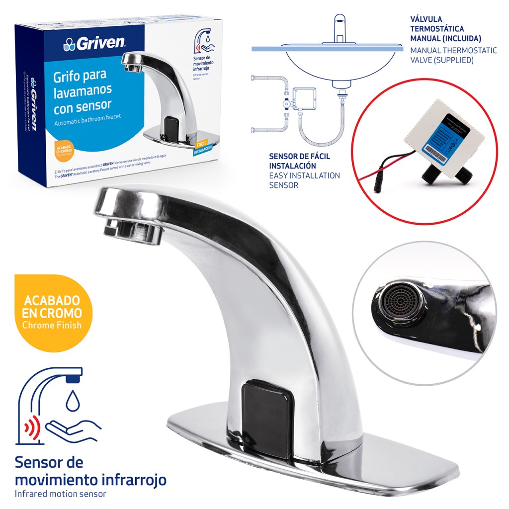 Griferia lavamano con sensor infrarojo de movimiento GRIVEN (cromada)