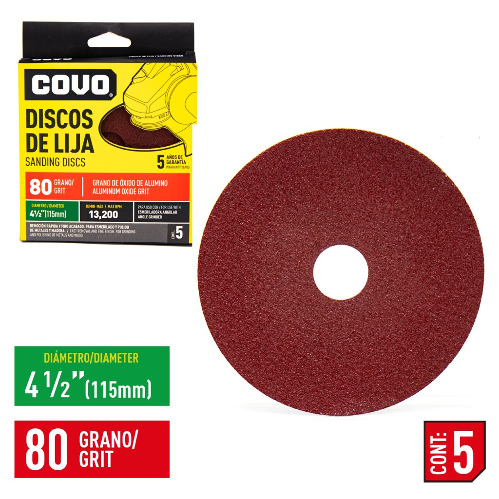 Disco de lija 4.1/2'' x 7/8'' COVO (set 5pz)