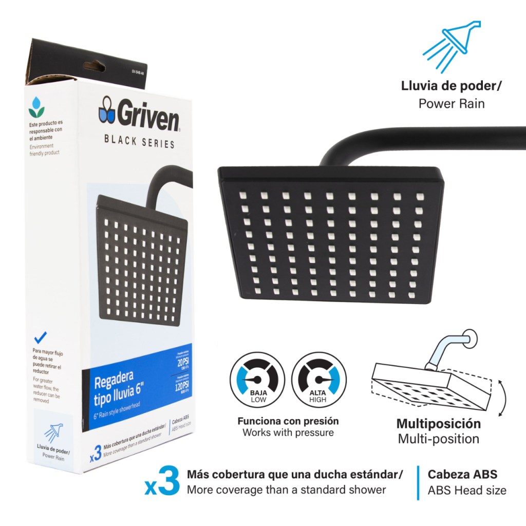 Regadera cuadrada con brazo GRIVEN (negra)