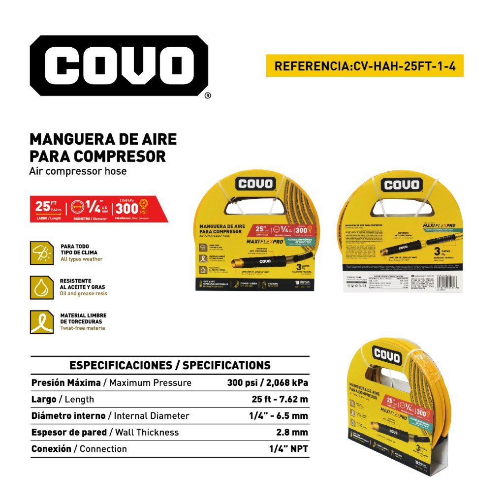 Manguera de aire 1/4" 7.62mts COVO