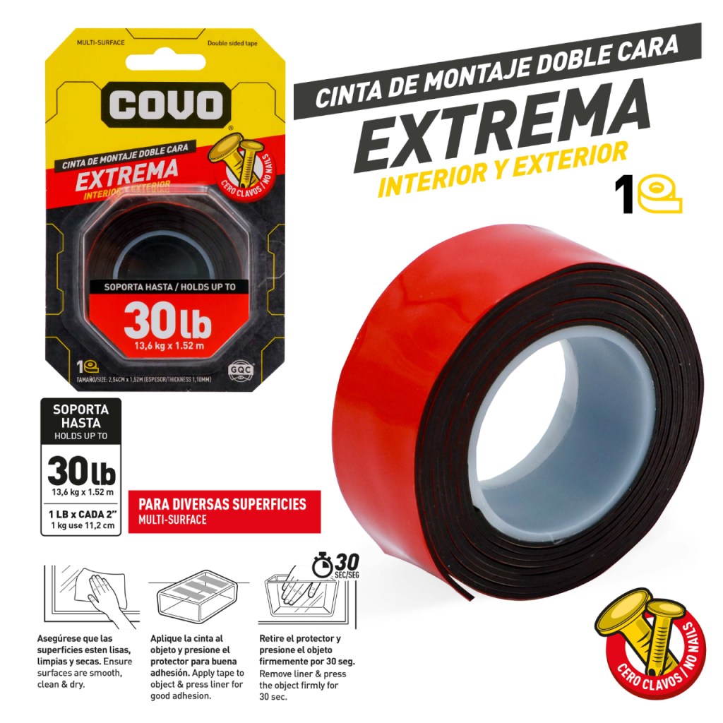 Cinta doble cara 30 libras COVO (2,54cm x 1,52 metros)