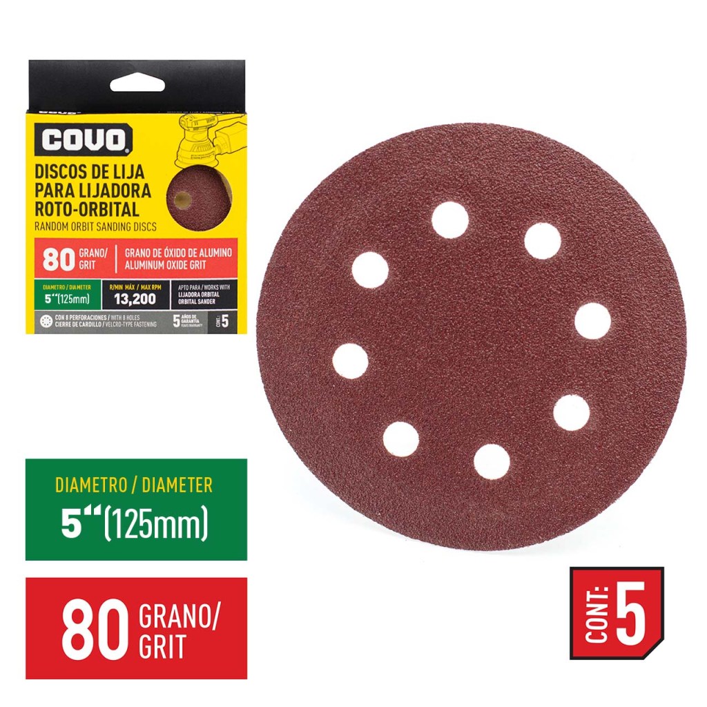 Disco abrasivo de lijadora roto-orbital 4.1/2" grano 80 COVO (set 5pz)