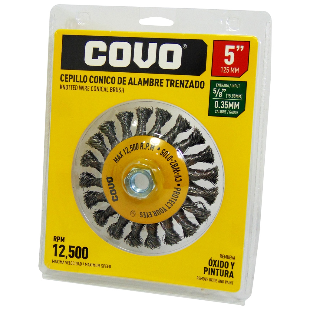 Cepillo conico de alambre entorchado 5" x  5/8" COVO