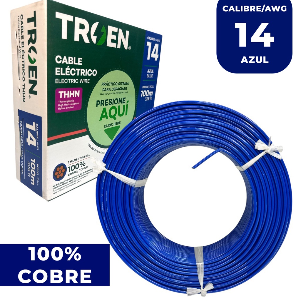 Cable thhn 14 azul TROEN (rollo 100 metros)