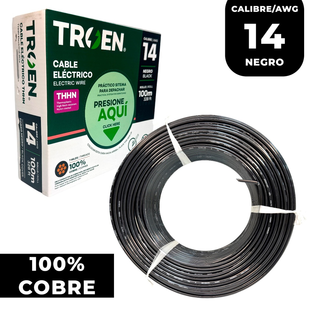 Cable thhn 14 negro TROEN (rollo 100 metros)