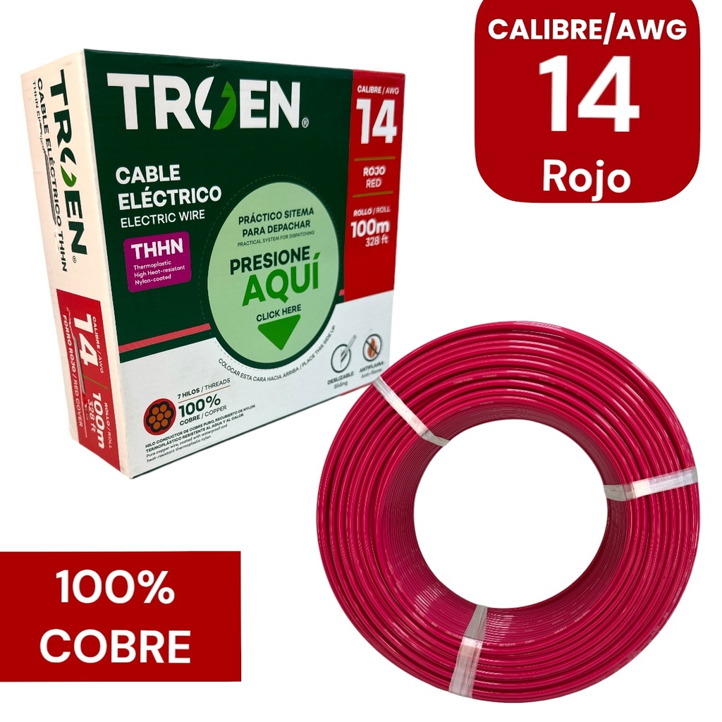 Cable thhn 14 rojo TROEN (rollo 100 metros)