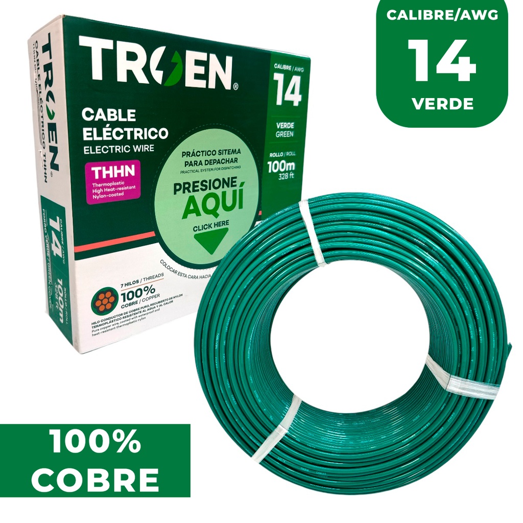 Cable thhn 14 verde TROEN (rollo 100 metros)
