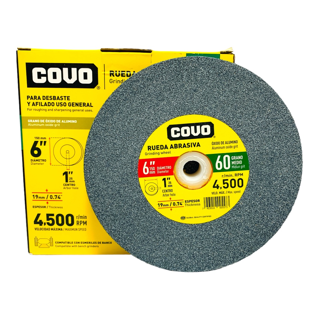 Rueda abrasiva 6'' x 1'' x 3/4'' COVO (grano 60)
