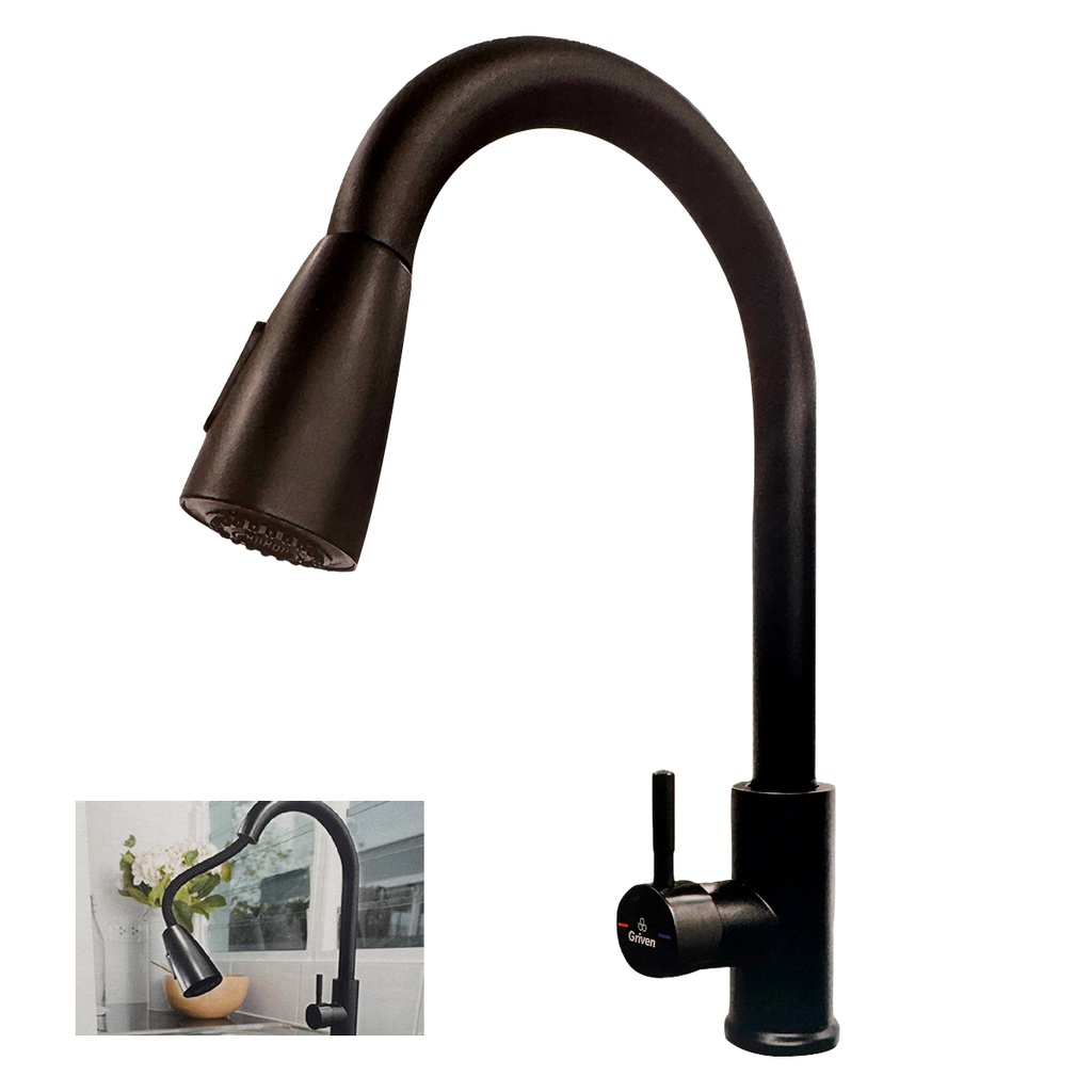 Grifería monomando fregadero cuello extensible GRIVEN (negro mate)