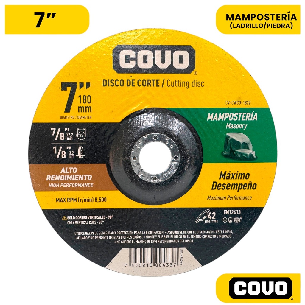 Disco de corte 7'' x 1/8'' x 7/8'' mamposteria COVO (centro deprimido)