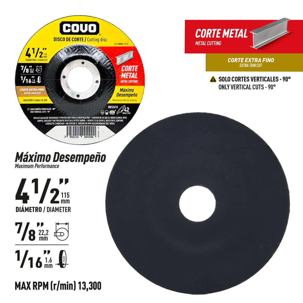 Disco abrasivo 4.1/2'' x 1/16'' x 7/8'' COVO (metal)