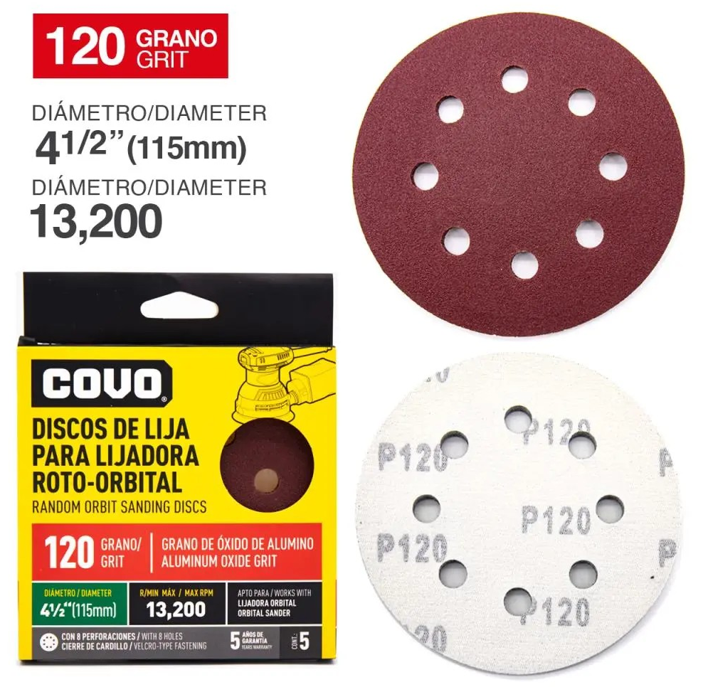 Disco abrasivo de lijadora roto-orbital 4.1/2" grano 120 COVO (set 5pz)